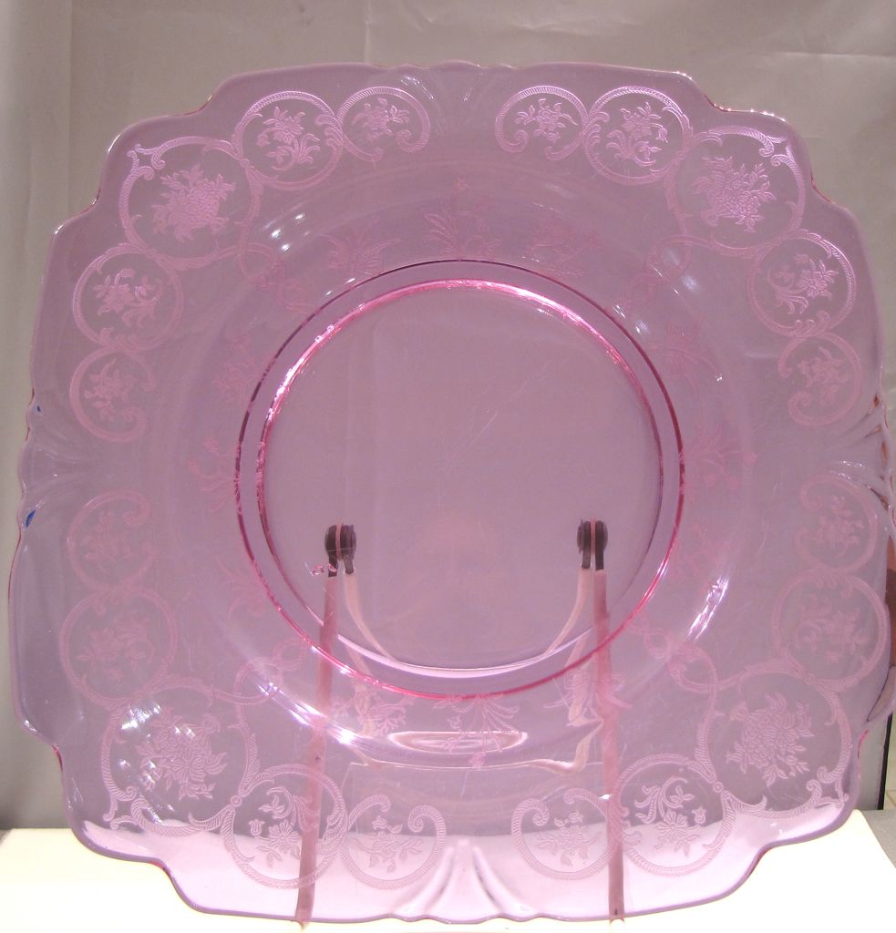 Heisey #1401 Empress 10 12 inch Square Plate, Alexandrite with #450 12 Formal Chintz Plate Etch, 1931-1935