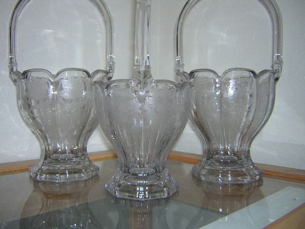 Heisey #459 Round Colonial Basket, crystal, left to right #351 Anne Satin, #353 Susan Satin, #352 Mums Satin etch, 1915-1933