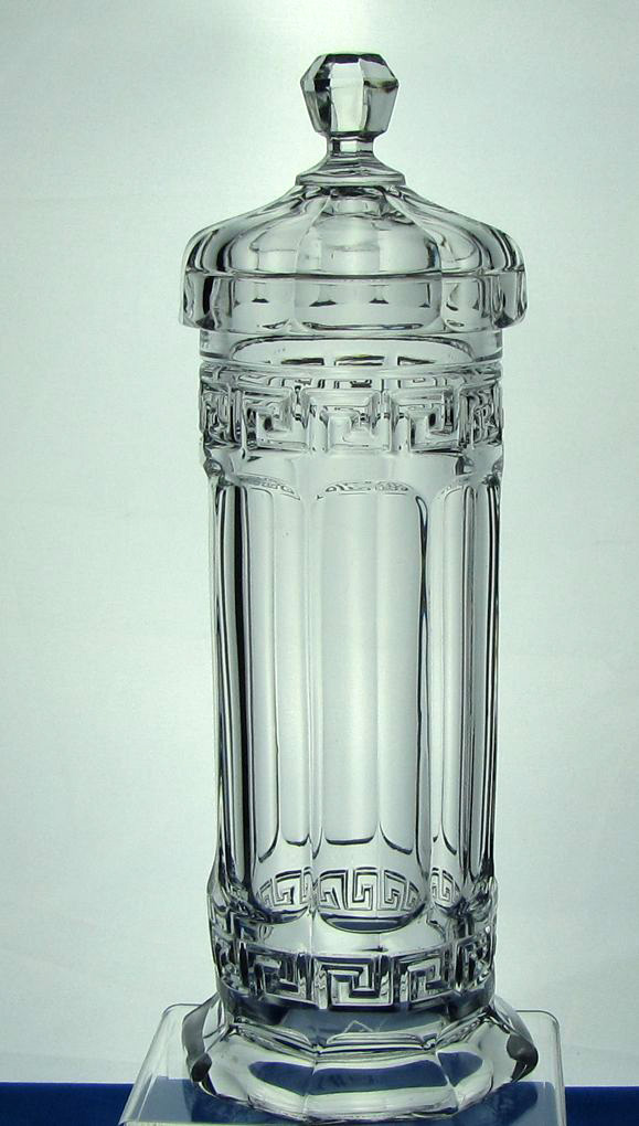 Heisey #433 Greek Key Straw Jar & Cover, Tall, Crystal, 1911-1920's
