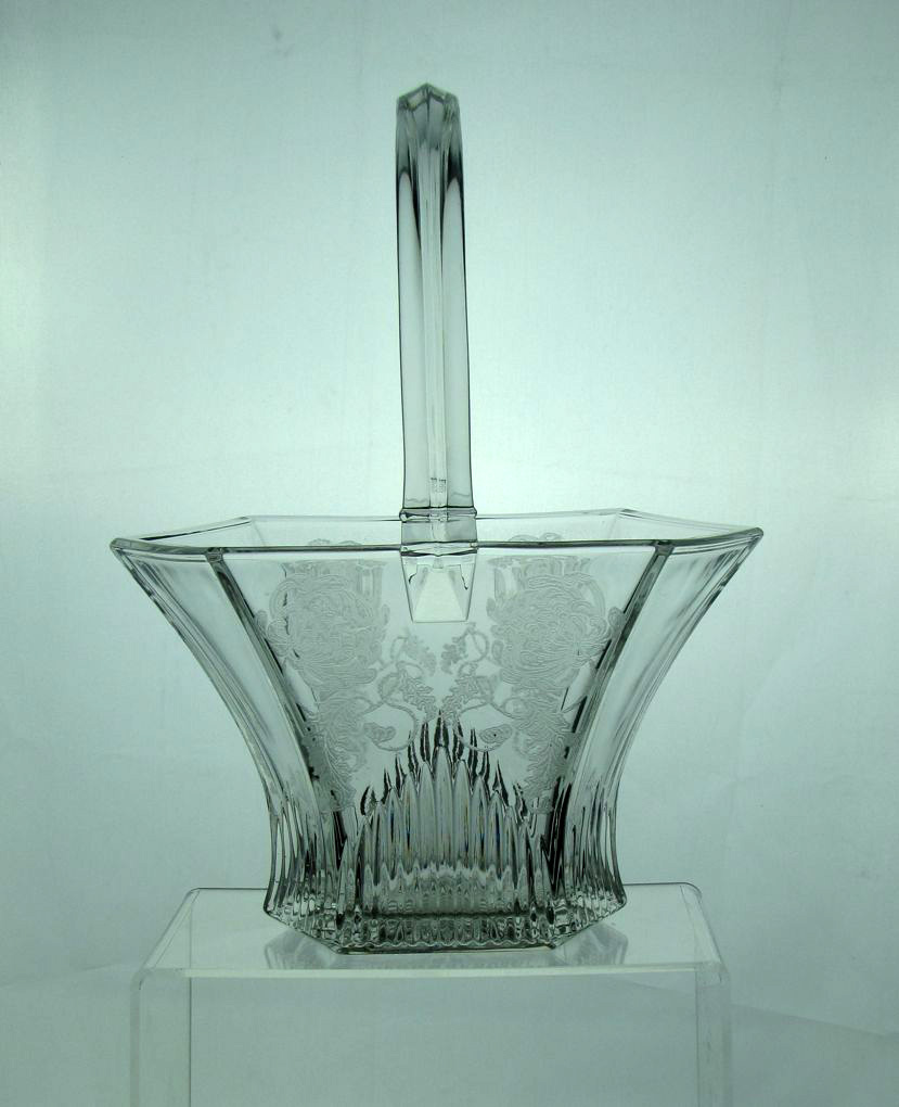 Heisey #458 Picket Basket, Crystal with #350 Mums Etch, 1916-1933