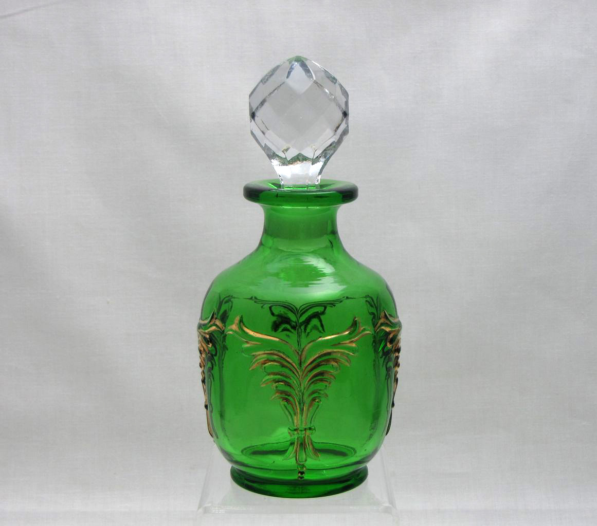 Heisey #1280 Winged Scroll, Cologne, Emerald with gold decoration, 1898