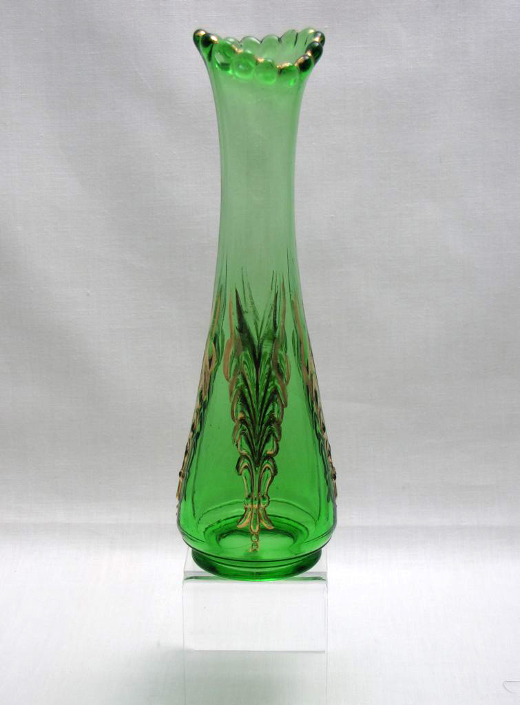 Heisey #1280 Winged Scroll, Swung Vase, Emerald with gold decoration. 1