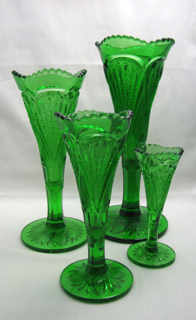 Heisey #1255 Pineapple and Fan Vases, Emerald, 1898-1902
