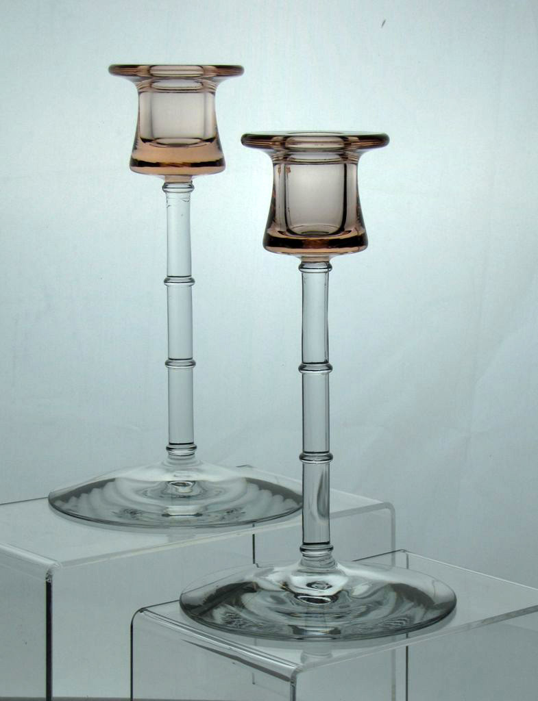 Heisey #117 Bamboo Candlestick, Crystal Stem with Flamingo Candle Cup,