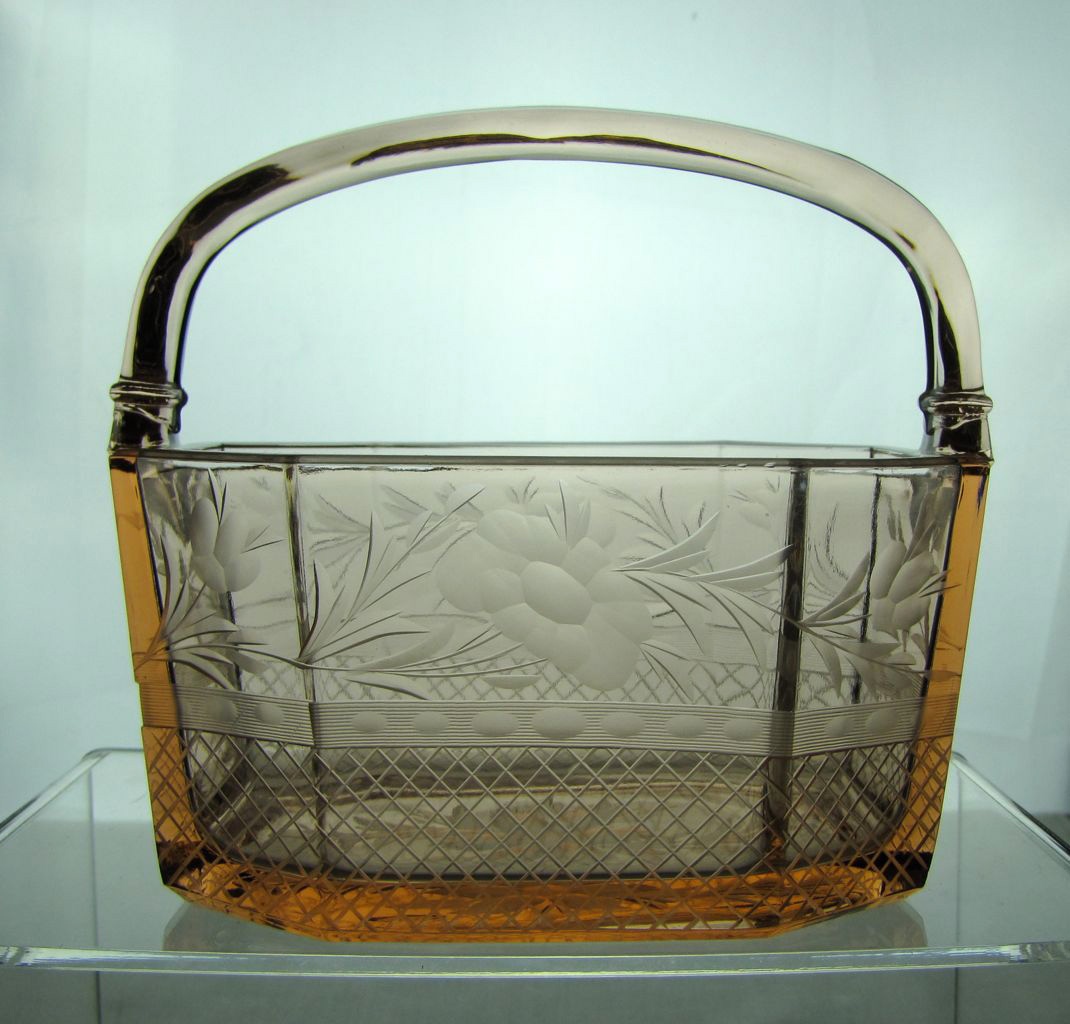 Heisey #500 Octagon Basket, 5 inch, Unk Cutting, Flamingo, 1925-1935