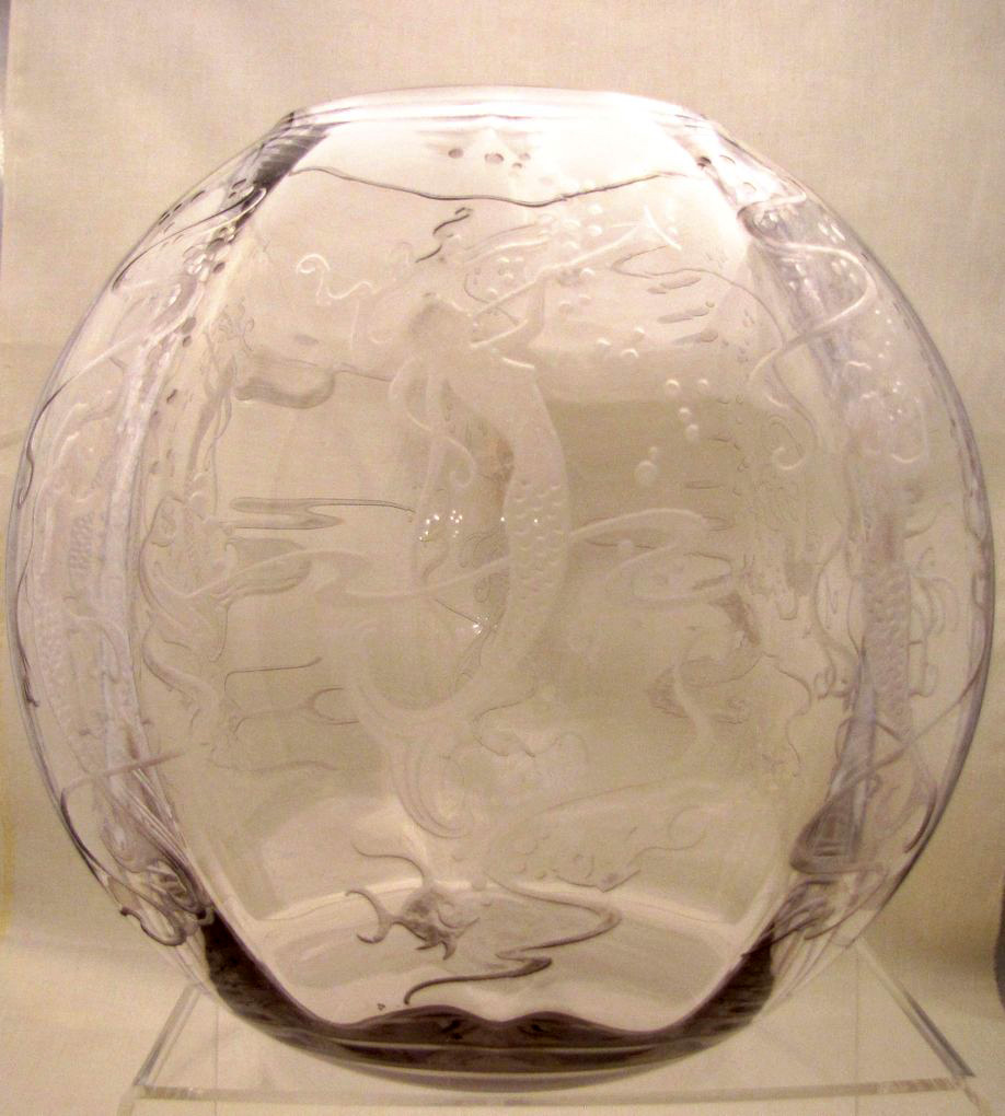 Heisey #4045 Ball Vase, 12 inch, Wide Optic, Crystal, #469 Mermaids Etch