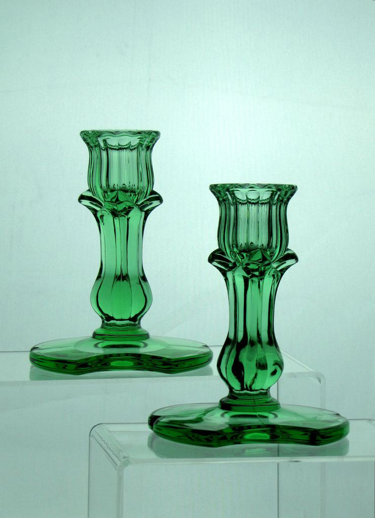 Heisey #137 Concave Circle Candlesticks, 5 inches tall, Moongleam, 1931
