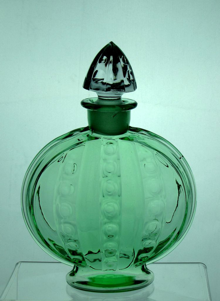 Heisey #1404 Old Sandwich Decanter, #98 Stopper, Moongleam, 1931-1935