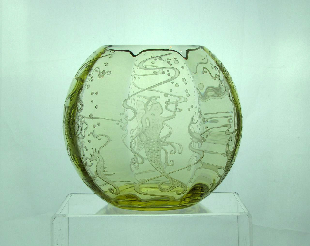 Heisey #4045 Ball Vase, Wide Optic, 7 inch, Sahara with #469 Mermaids etch