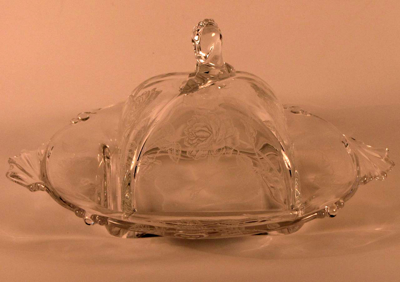 Heisey #1519 Waverly Butter dish, horsehead final, 515 Rose Etch 1940-1